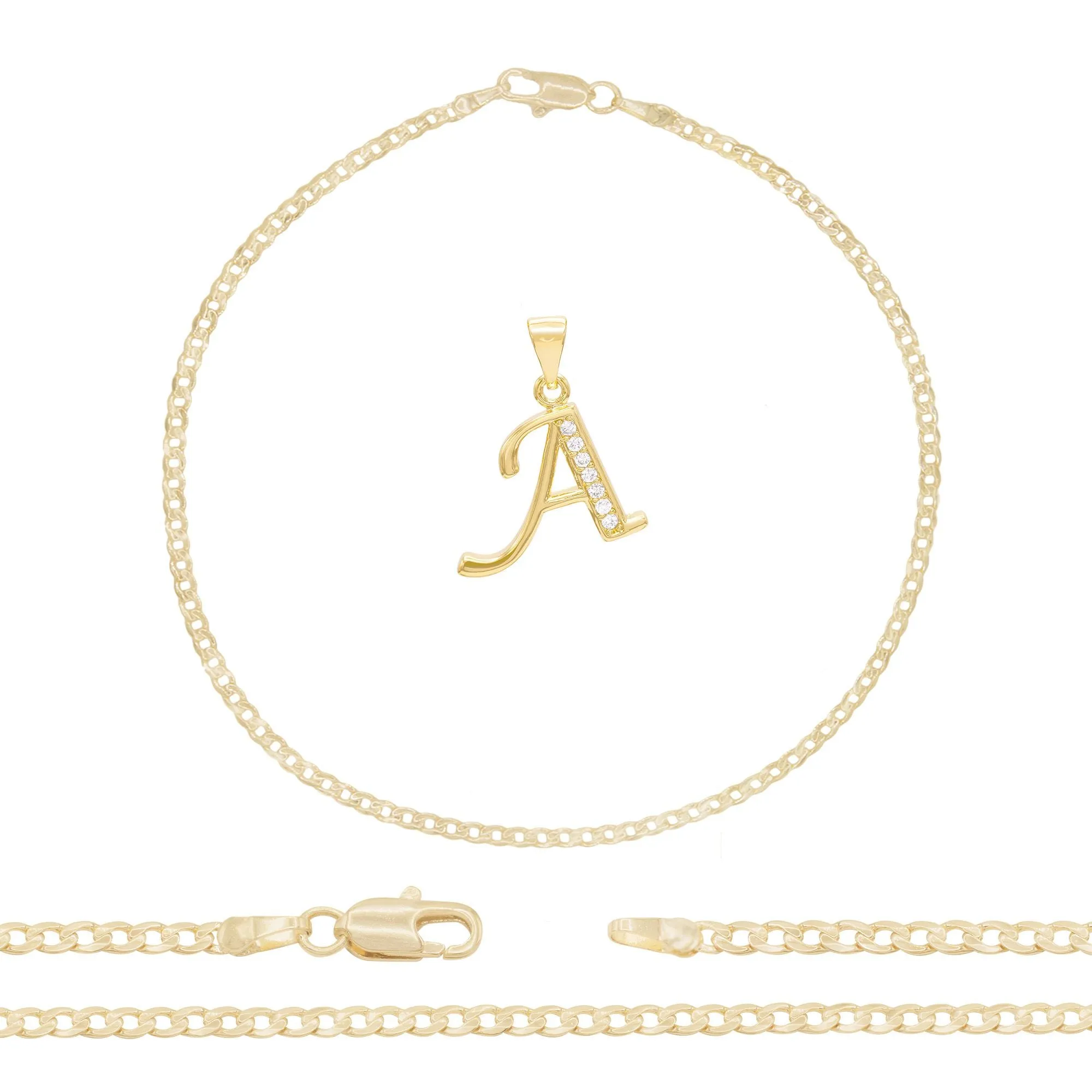 A-Z Letter CZ Pendant 14K Gold Filled Curb Anklet Set 10" Women Jewelry
