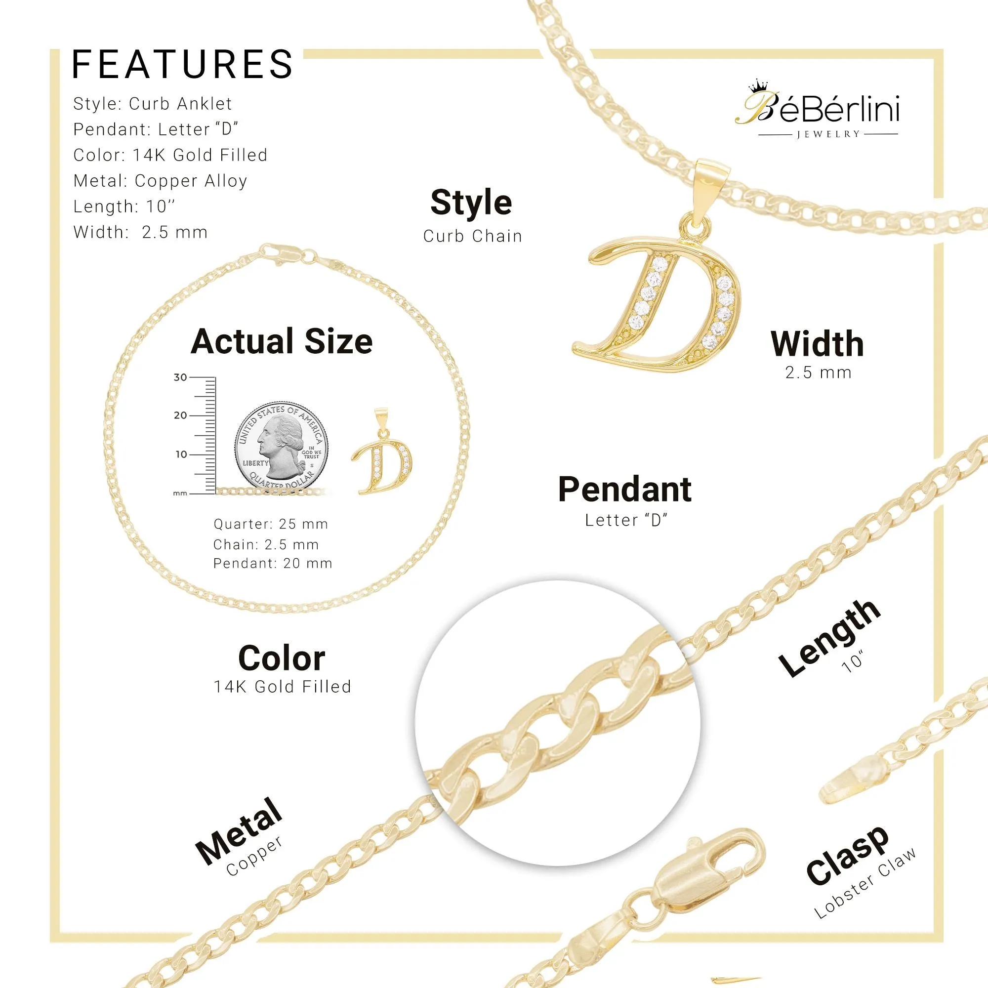 A-Z Letter CZ Pendant 14K Gold Filled Curb Anklet Set 10" Women Jewelry