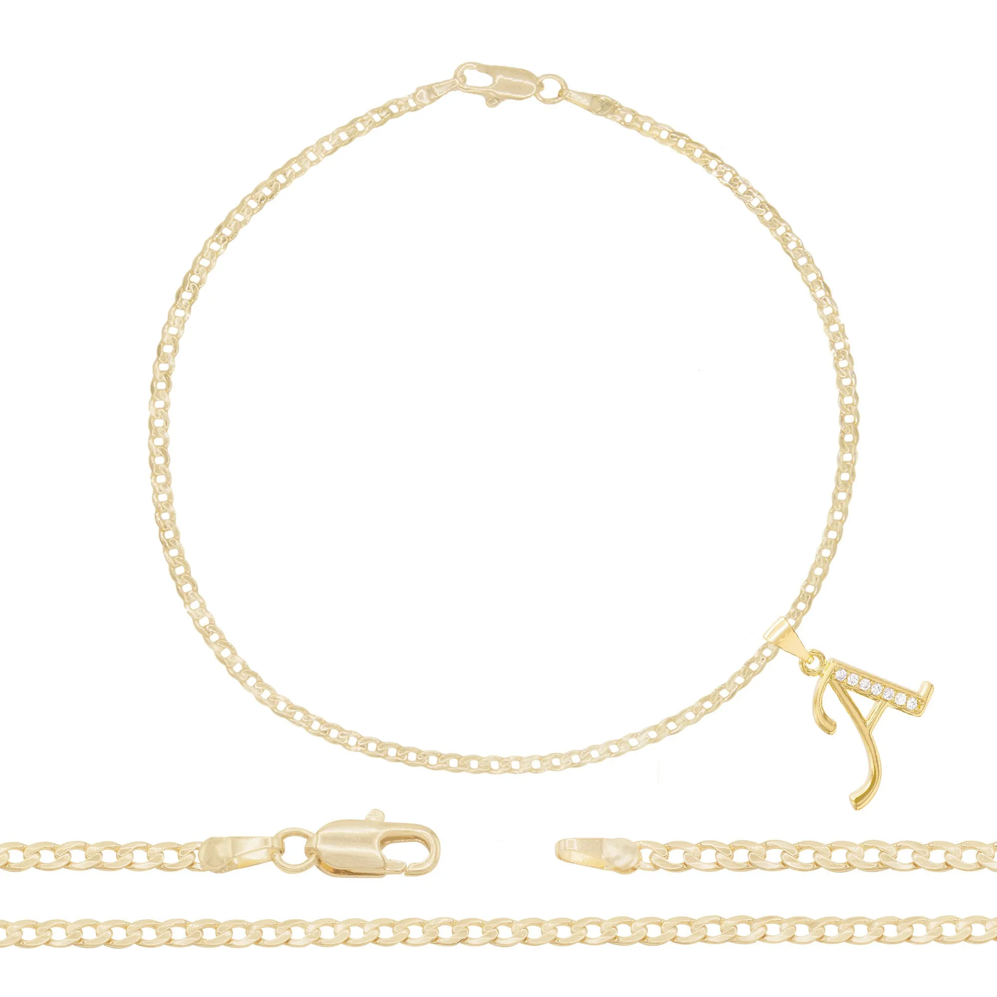 A-Z Letter CZ Pendant 14K Gold Filled Curb Anklet Set 10" Women Jewelry