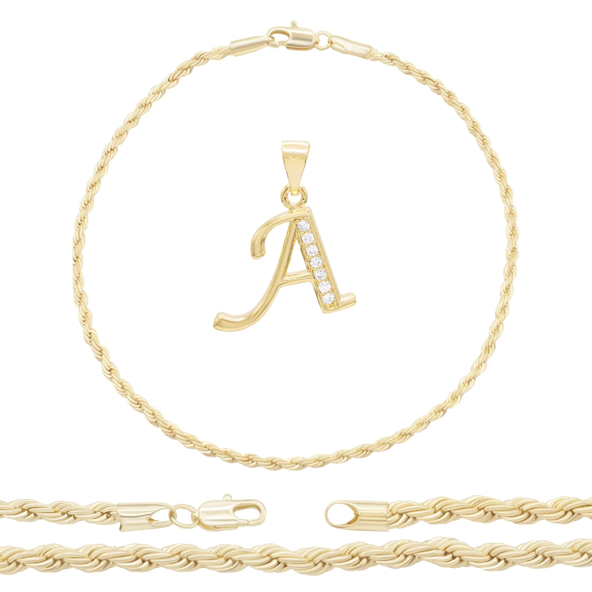 A-Z Letter CZ Pendant 14K Gold Filled Rope Anklet Set 10" Women Jewelry