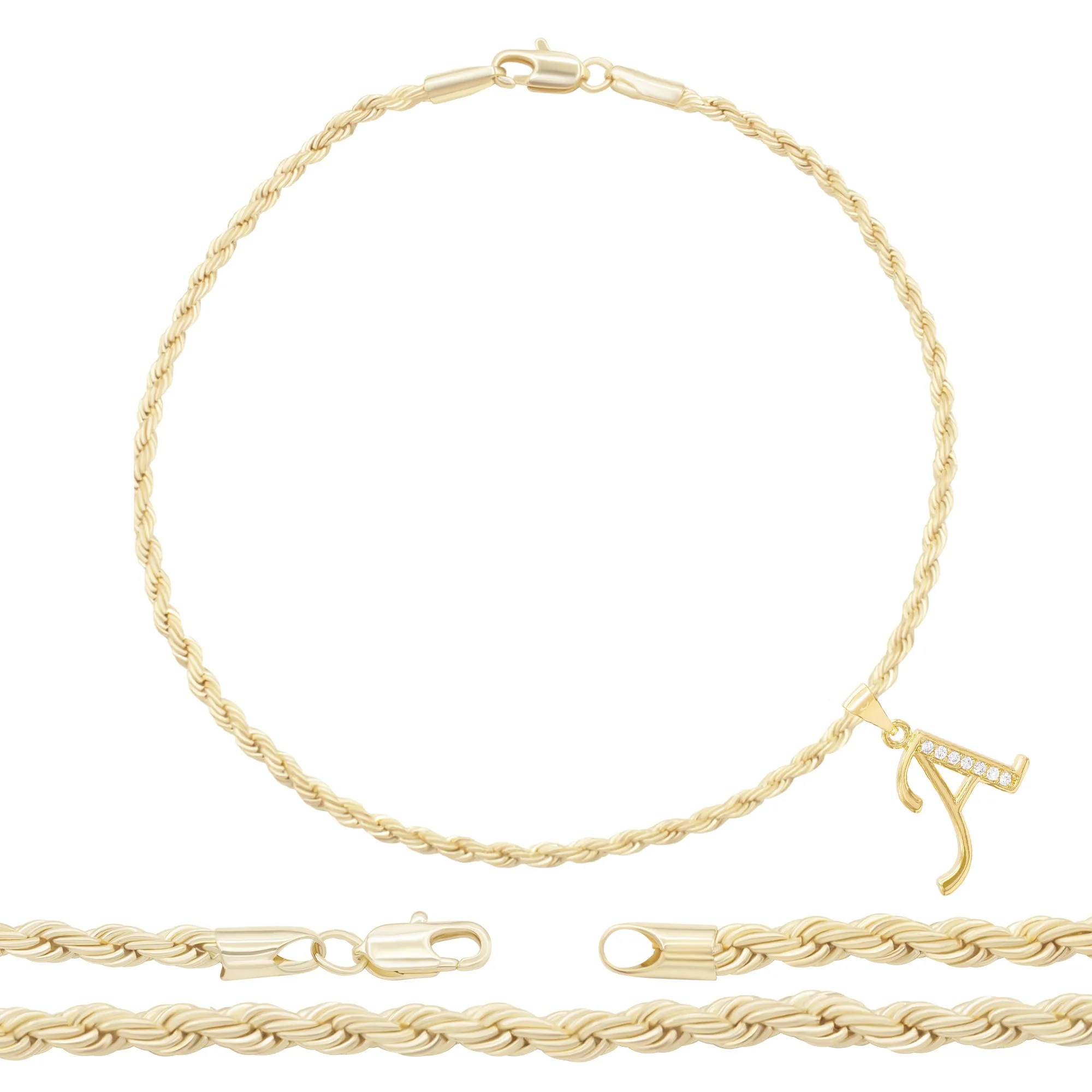 A-Z Letter CZ Pendant 14K Gold Filled Rope Anklet Set 10" Women Jewelry