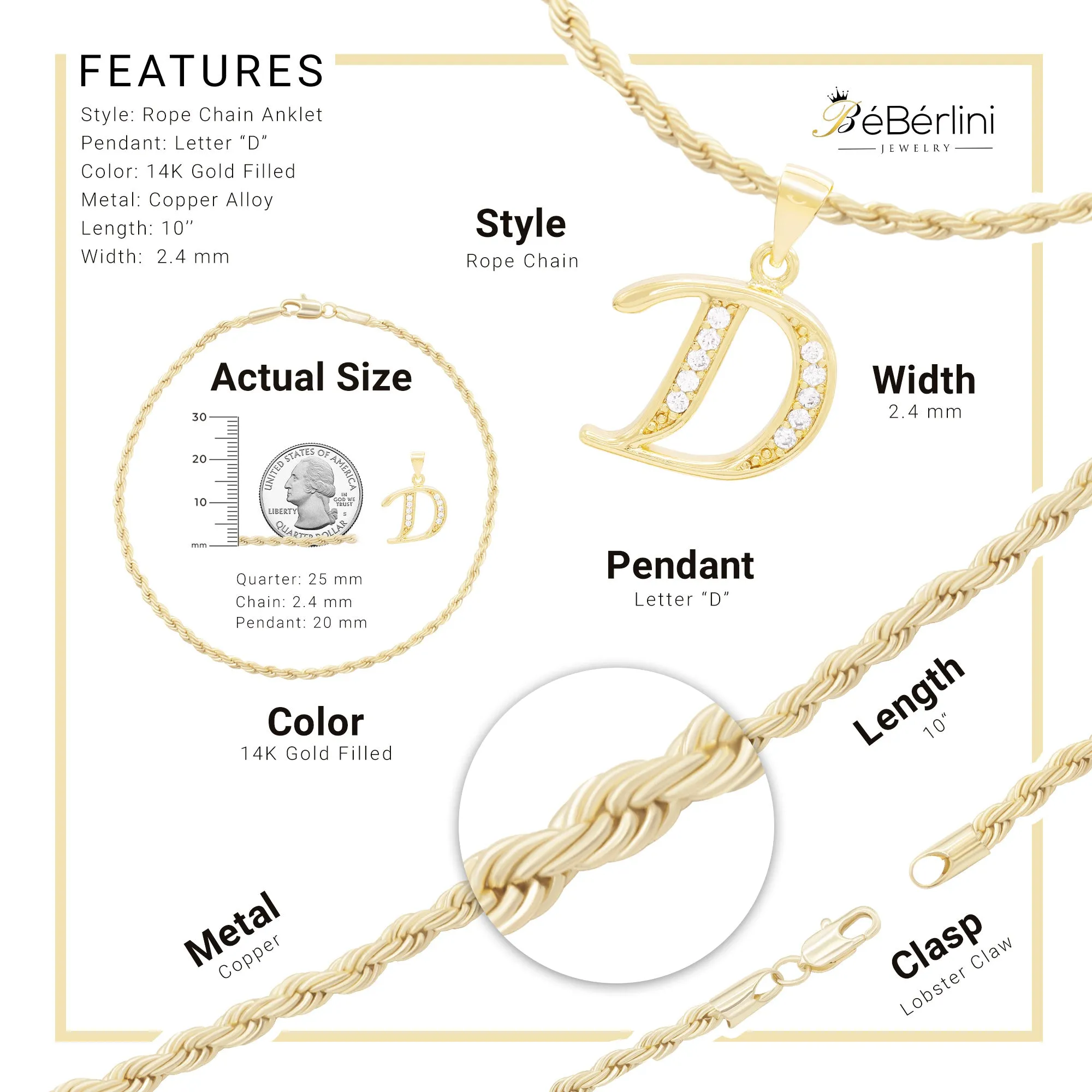 A-Z Letter CZ Pendant 14K Gold Filled Rope Anklet Set 10" Women Jewelry