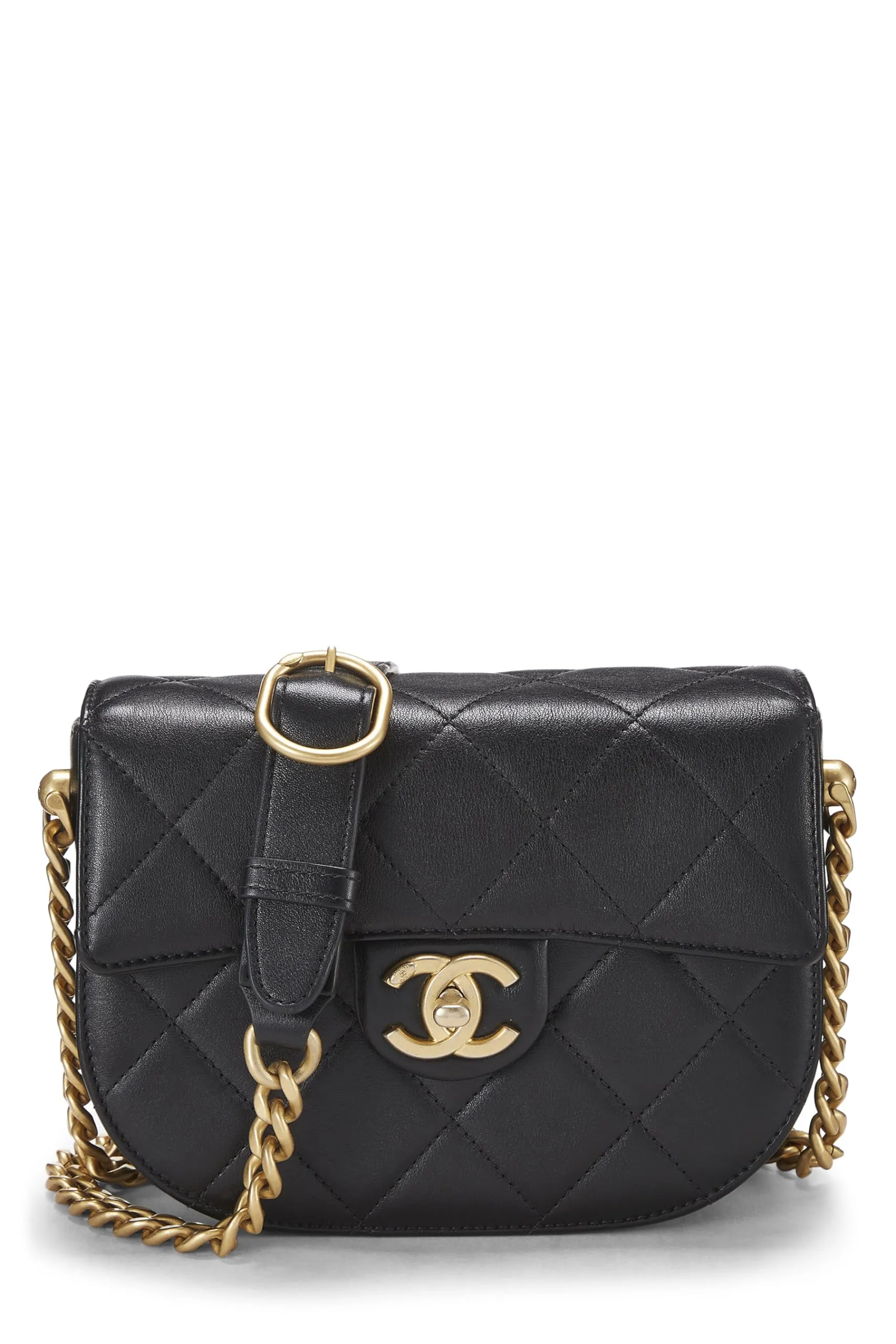 Chanel,  Black Calfskin Moon Flap Messenger Mini, Black