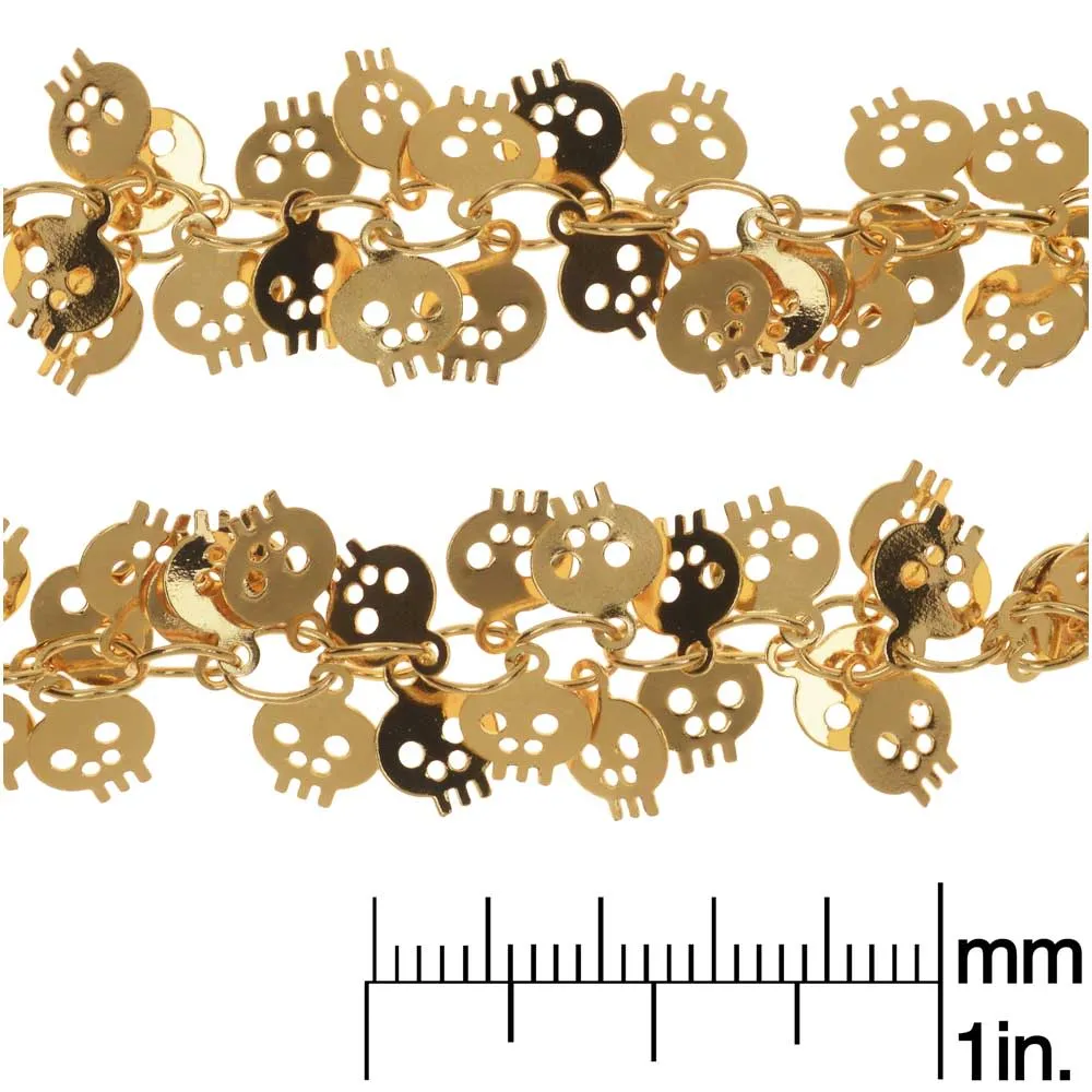 Charm Chain, 7mm Skull Shaped Dangle Charm, Gold Tone Plated (1 inch)