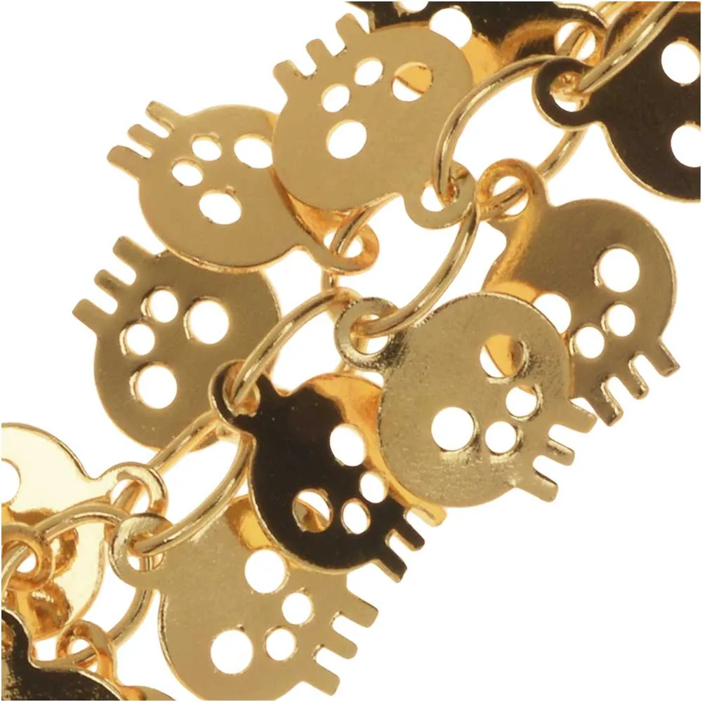 Charm Chain, 7mm Skull Shaped Dangle Charm, Gold Tone Plated (1 inch)