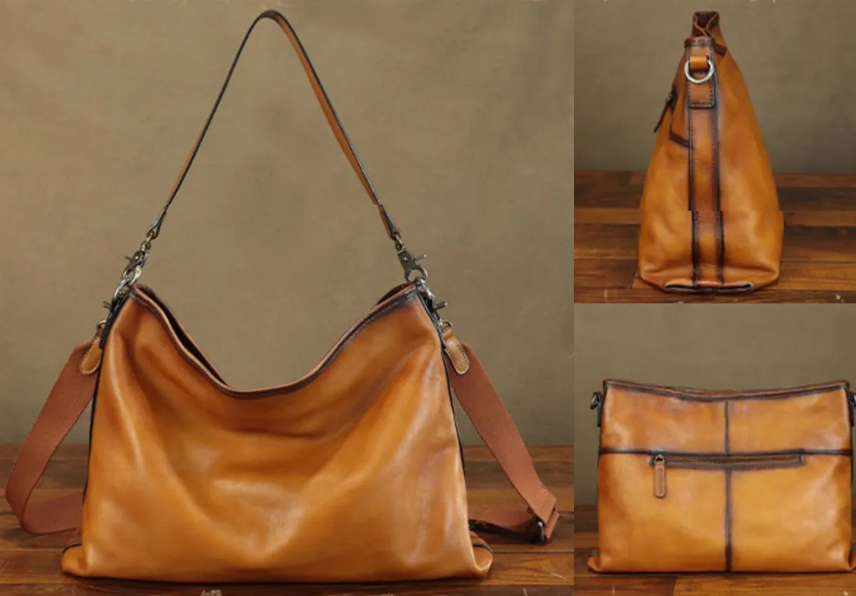 Classic Womens Soft Leather Slouch Bag Leather Tote Bag With Zipper