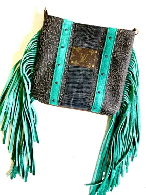 Medium Crossbody  textured leopard with turquoise fringe and black and antique hardware