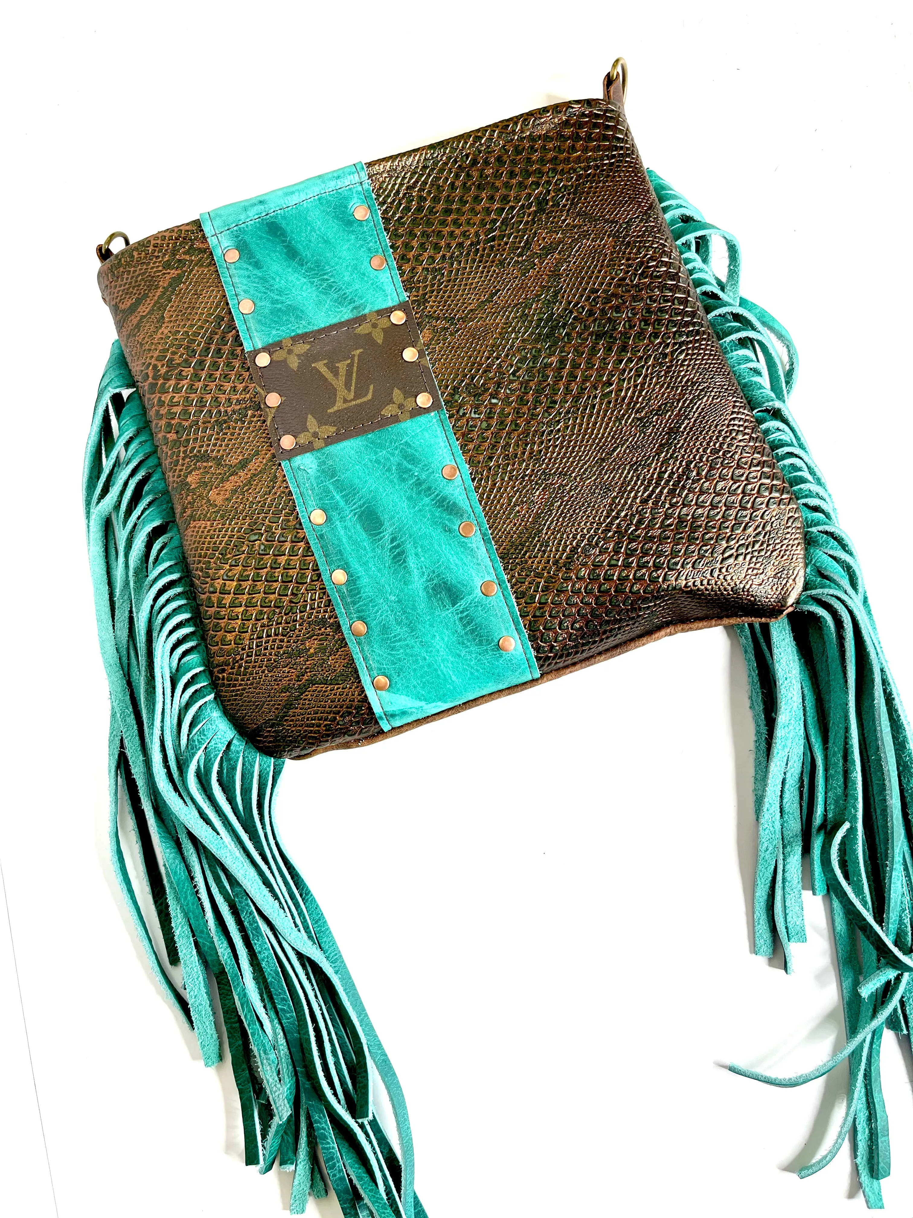 Medium Crossbody  textured snake with turquoise fringe and copper hardware