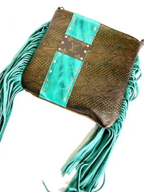 Medium Crossbody  textured snake with turquoise fringe and copper hardware