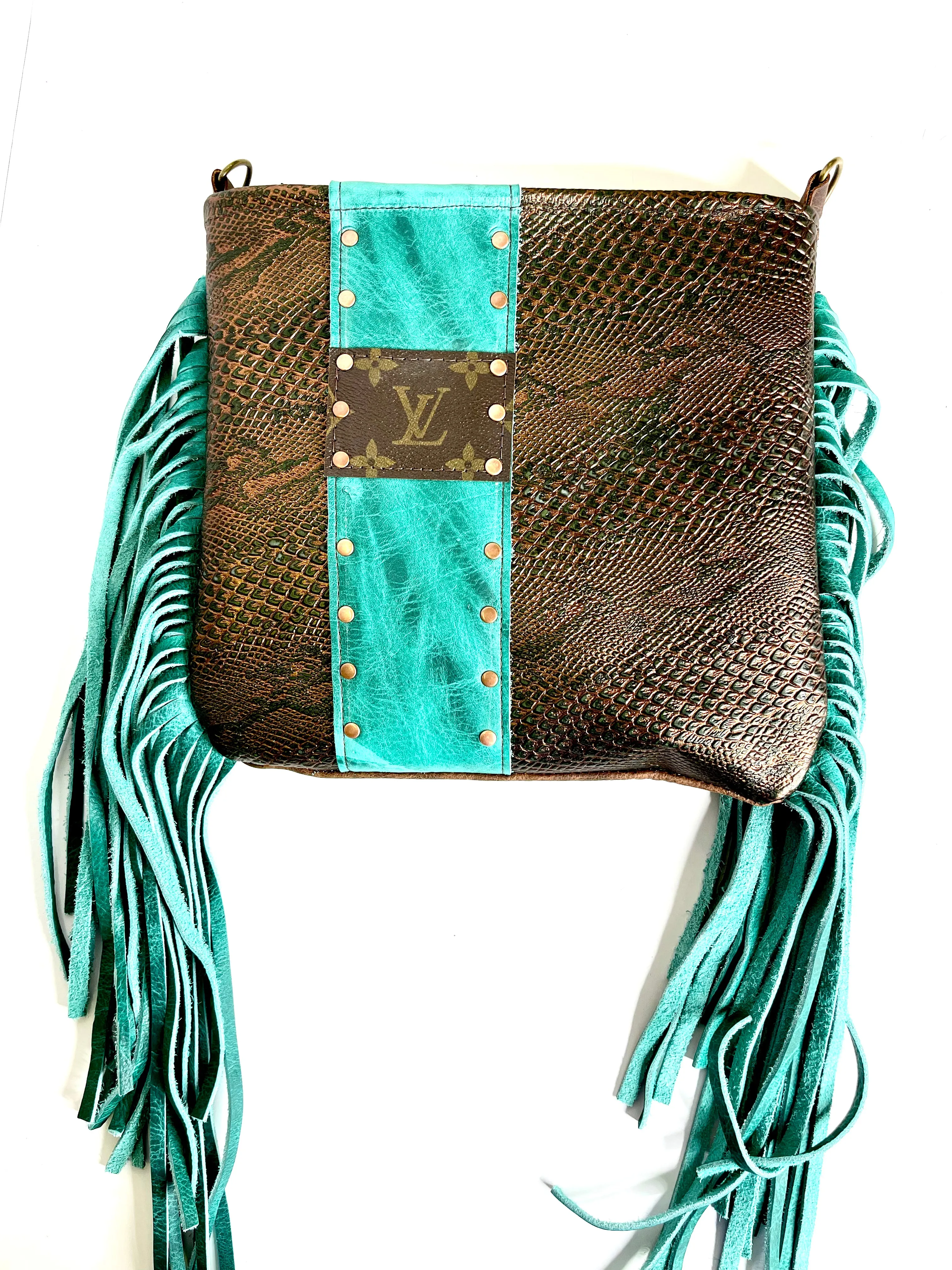 Medium Crossbody  textured snake with turquoise fringe and copper hardware