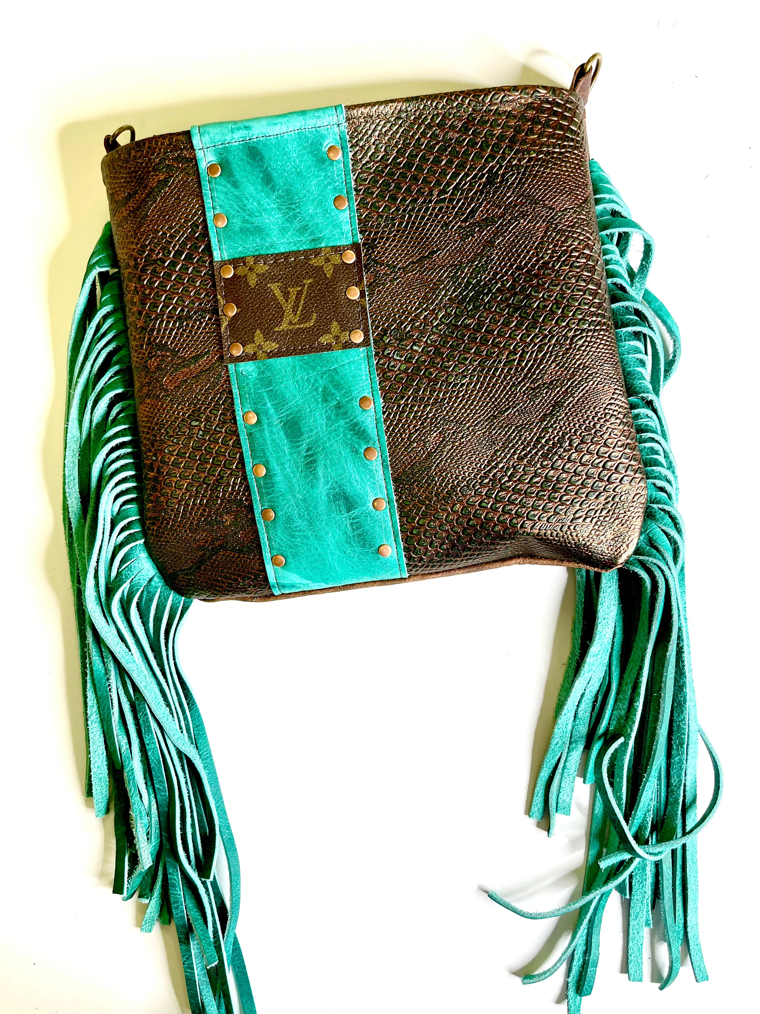 Medium Crossbody  textured snake with turquoise fringe and copper hardware