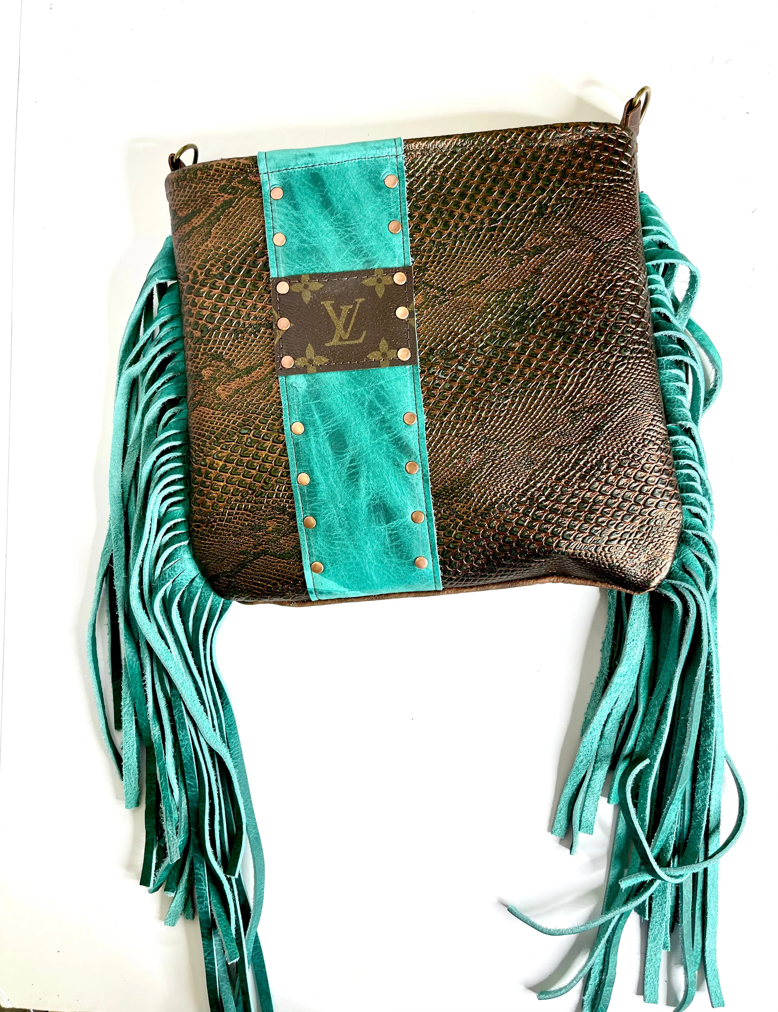 Medium Crossbody  textured snake with turquoise fringe and copper hardware
