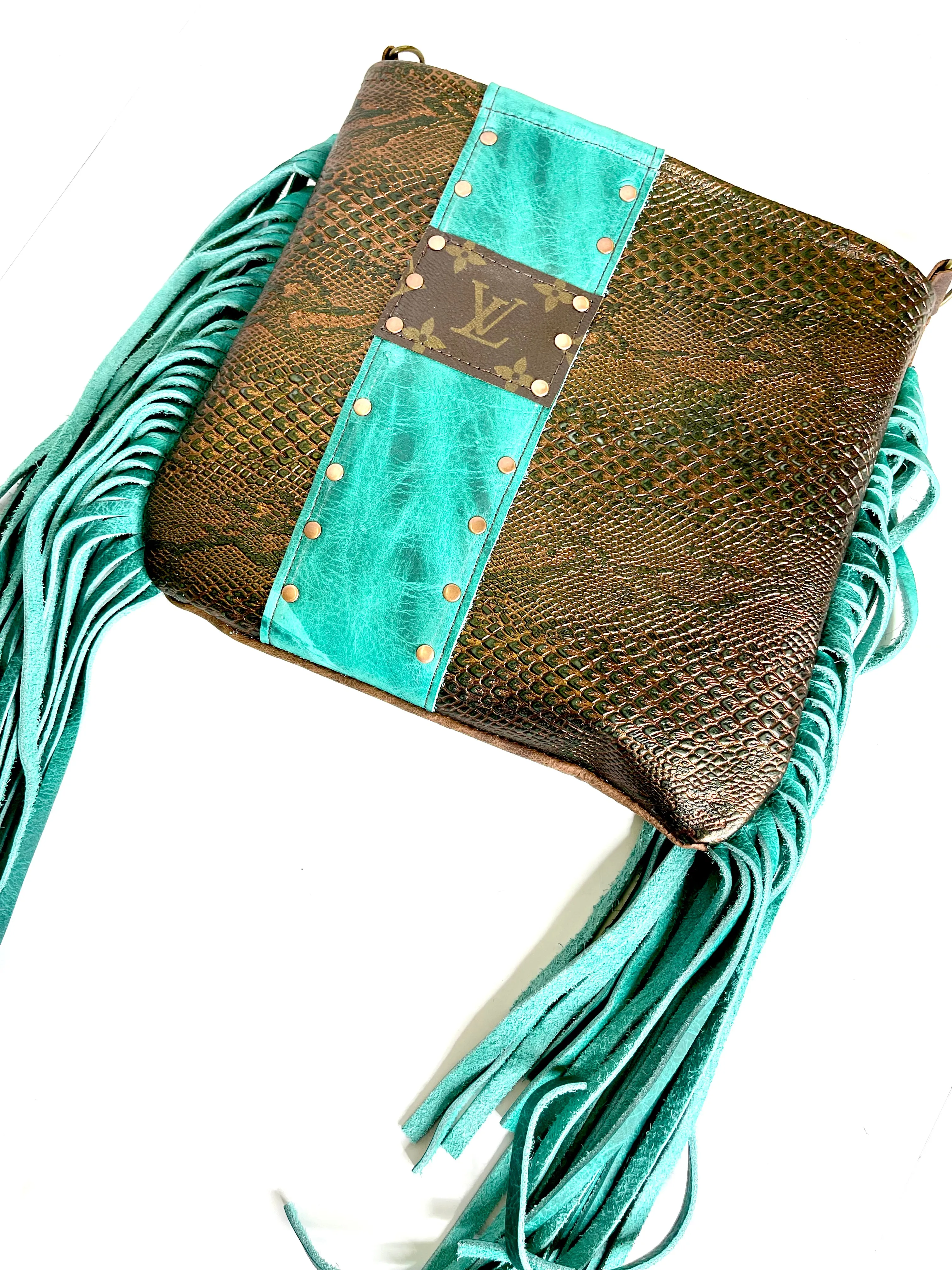 Medium Crossbody  textured snake with turquoise fringe and copper hardware