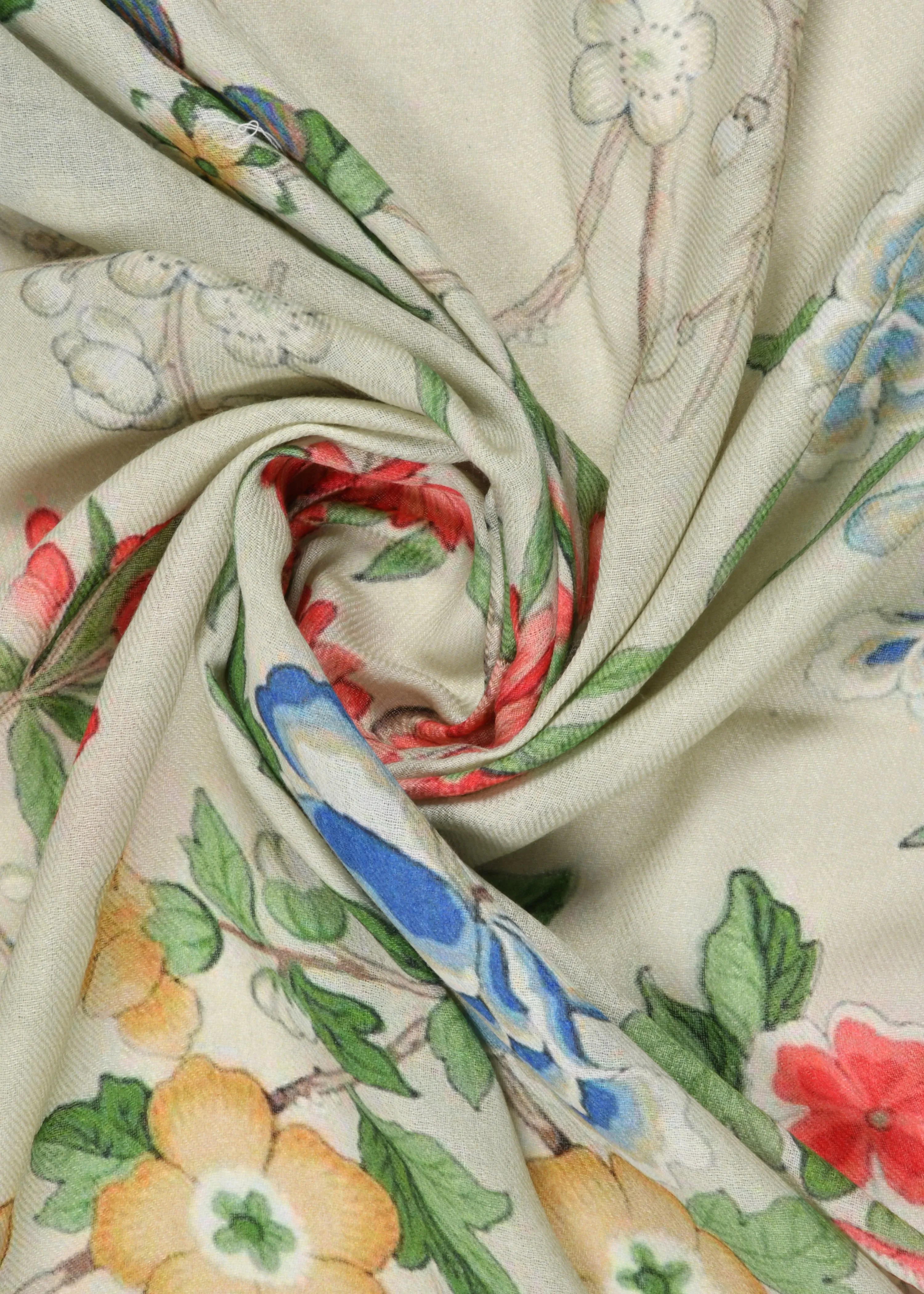 Parrots and Butterfly Print in Wool Silk