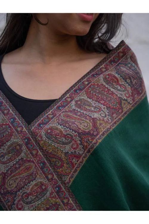 Regal Statement. Exclusive Soft Jamavar Design Kashmiri Shawl - Emerald Green