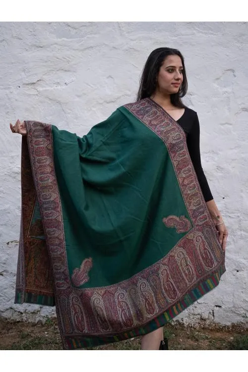 Regal Statement. Exclusive Soft Jamavar Design Kashmiri Shawl - Emerald Green