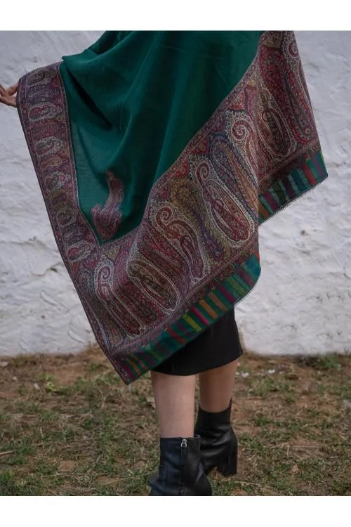 Regal Statement. Exclusive Soft Jamavar Design Kashmiri Shawl - Emerald Green