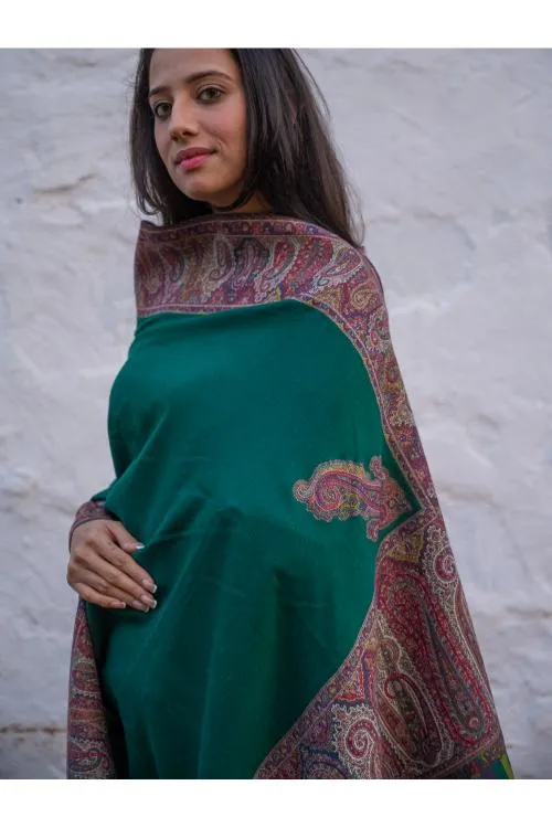 Regal Statement. Exclusive Soft Jamavar Design Kashmiri Shawl - Emerald Green