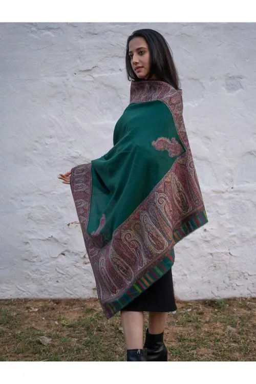 Regal Statement. Exclusive Soft Jamavar Design Kashmiri Shawl - Emerald Green