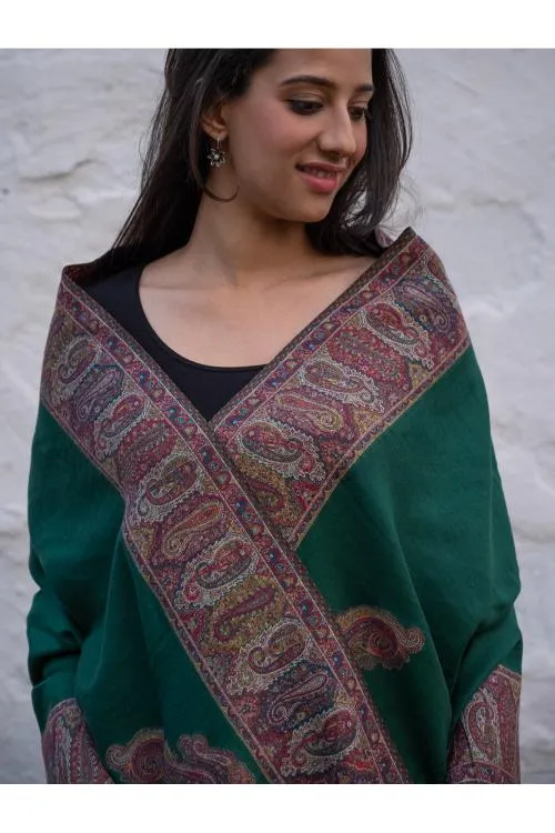Regal Statement. Exclusive Soft Jamavar Design Kashmiri Shawl - Emerald Green