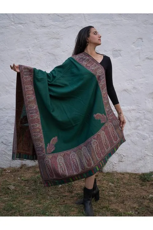 Regal Statement. Exclusive Soft Jamavar Design Kashmiri Shawl - Emerald Green