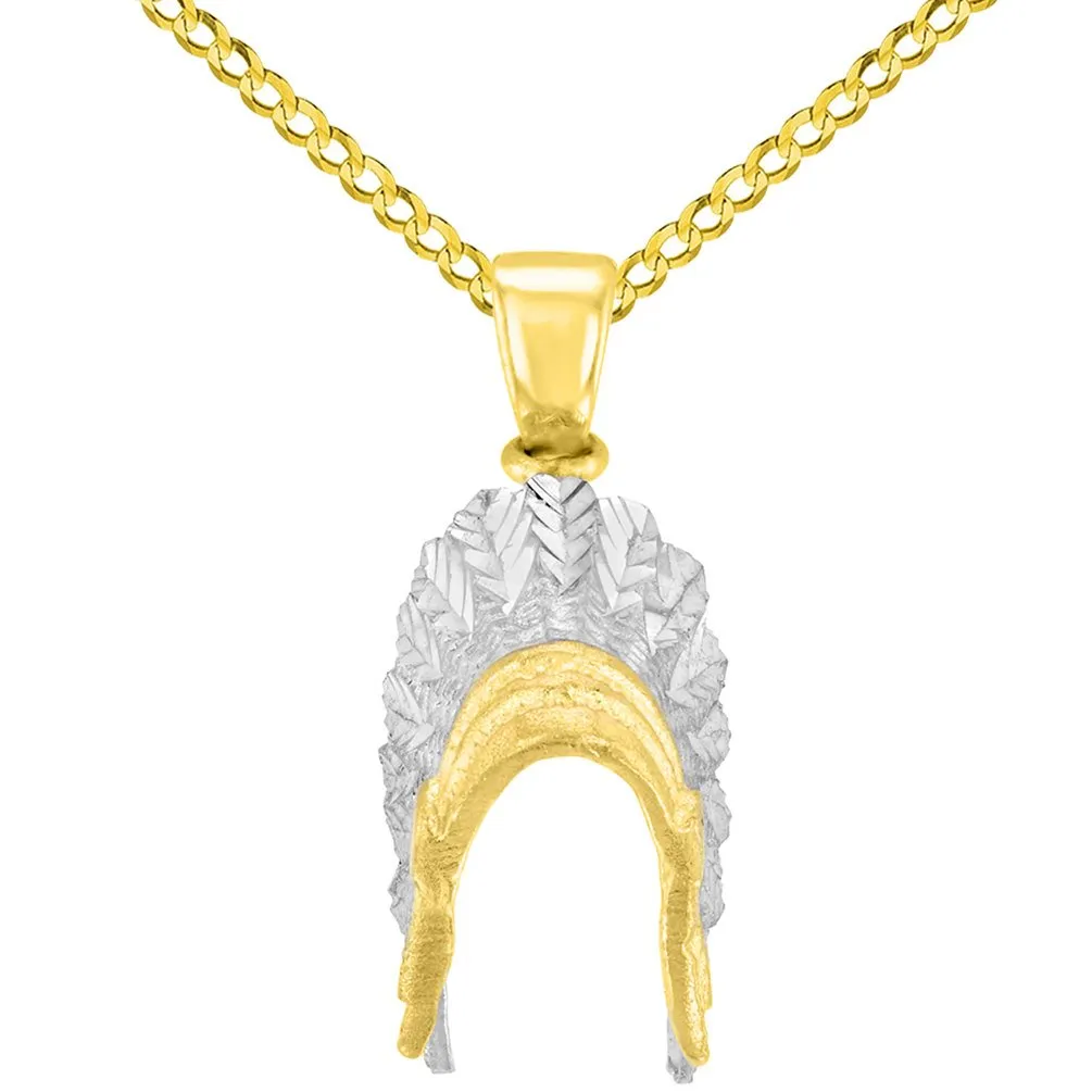 Solid 14K Yellow Gold War Bonnets Charm Native American Pendant with Cable, Curb, or Figaro Chain Necklaces