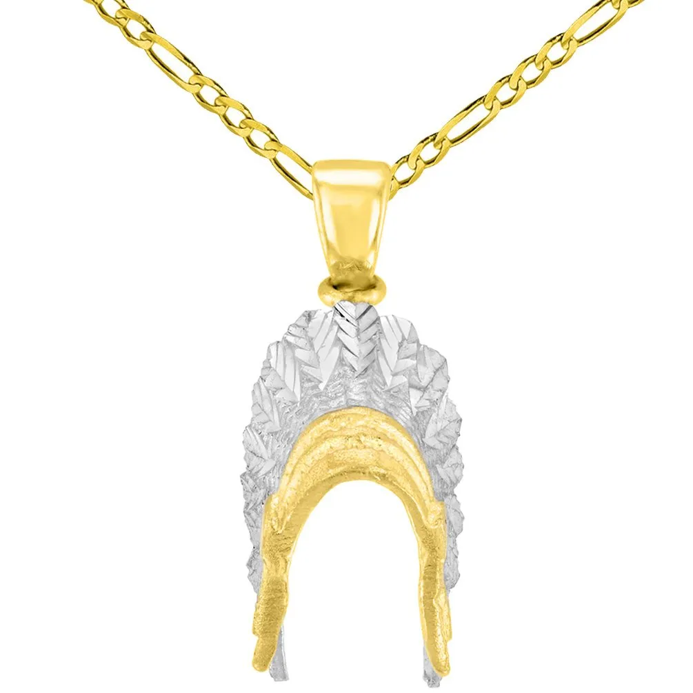 Solid 14K Yellow Gold War Bonnets Charm Native American Pendant with Cable, Curb, or Figaro Chain Necklaces