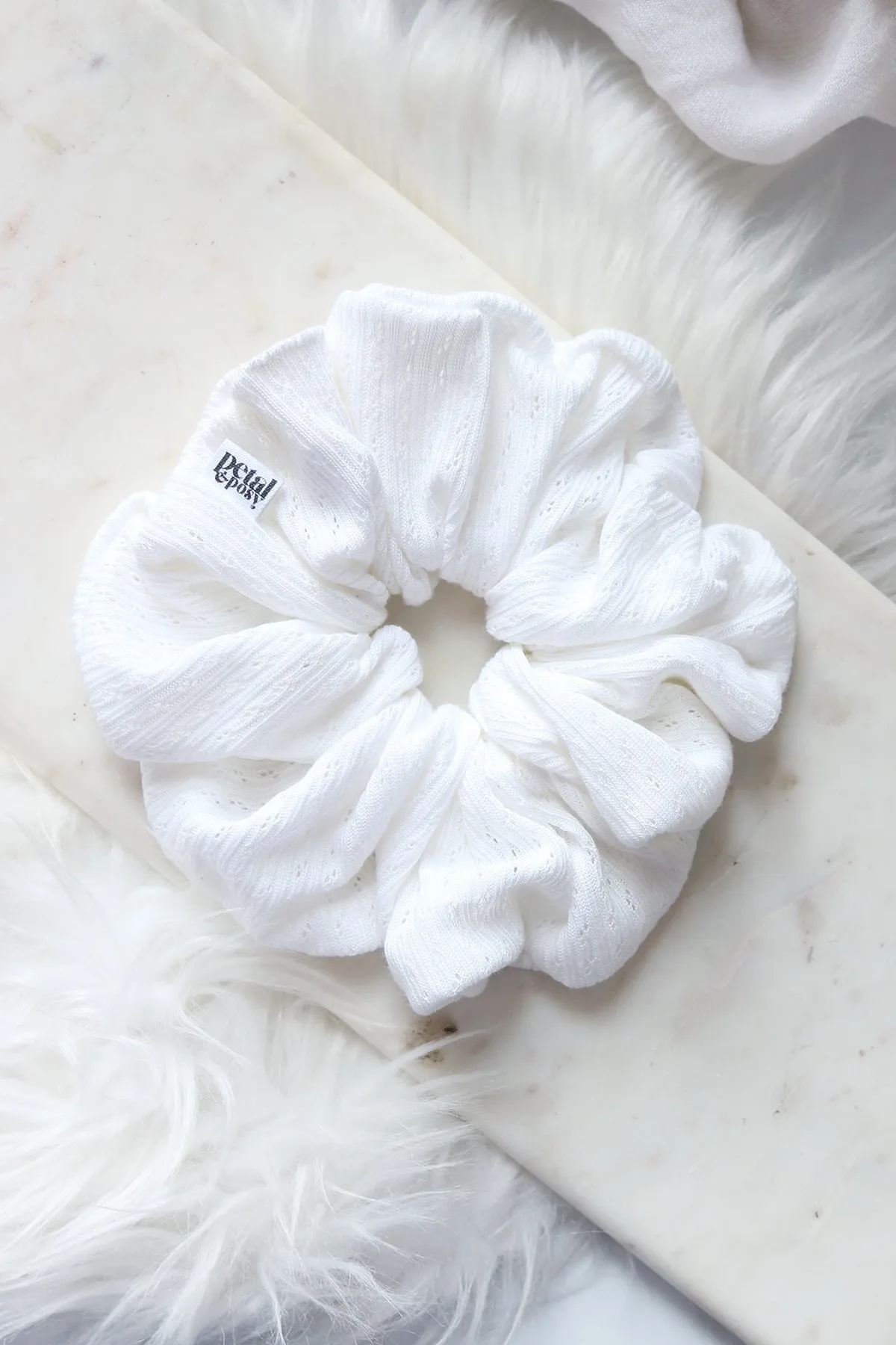 Super Fluff Pointelle Knit Scrunchie in Cloud